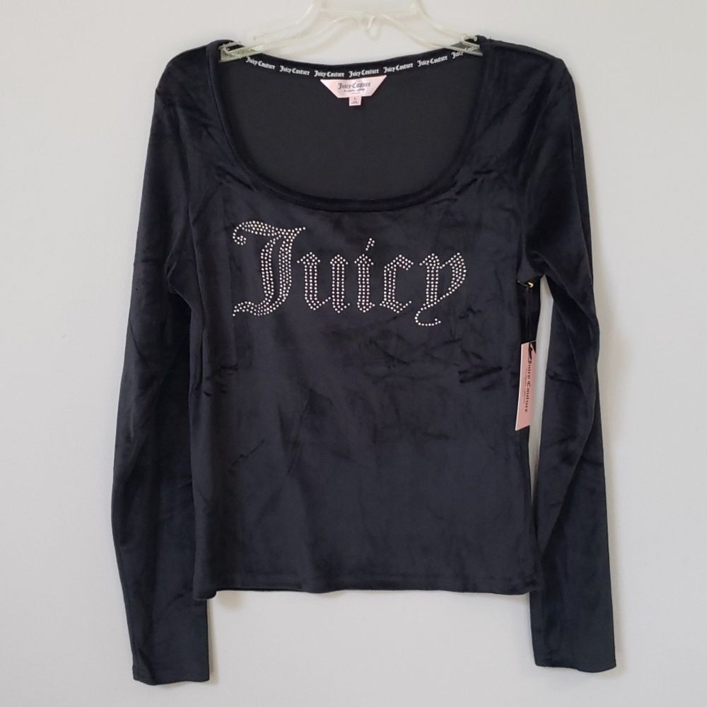 Juicy Couture Intimates Top Womens M Black Velour Rhinestone Studded Loungewear